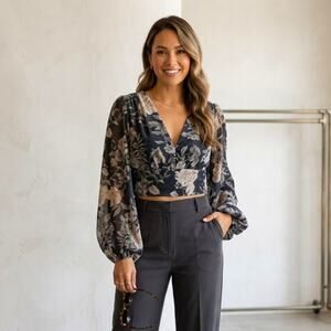 ASTR The Label Floral Long Sleeve Blouse Black Dark Cottagecore Size Large